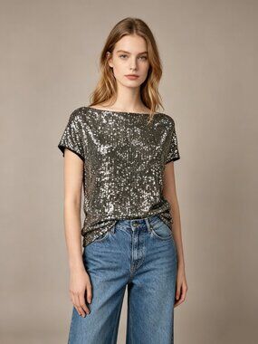 NWOT Mint Velvet Silver Sequins Top Stretch Short-Sleeved T-Shirt Size S